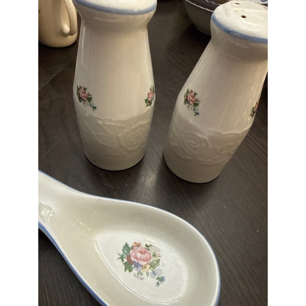 Victorian Rose Tabletops Unlimited Salt Pepper Shakers and Spoon Rest Set 3pc